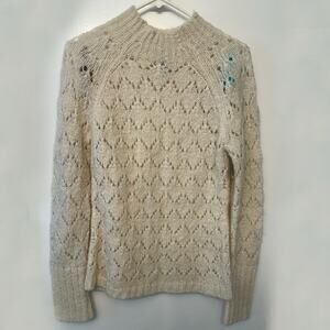 Loft Women’s (M) Ivory Open Knit Sweater Long Sleeve Mock Neck Pointelle